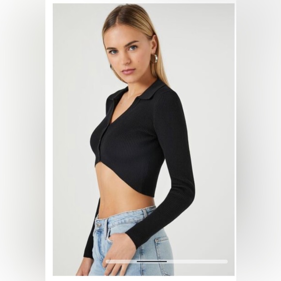 FOREVER 21 Black Ribbed Cropped Cardigan Collared Shirt Sweater Top Casual Sz M - Picture 2 of 10